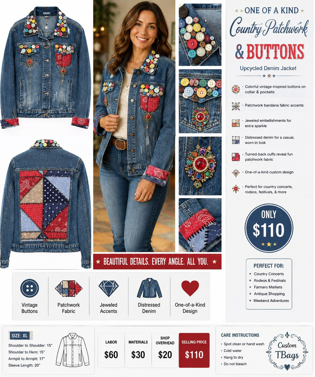 Country Patchwork & Button One-of-a-Kind Denim Jacket – XL - details and styling