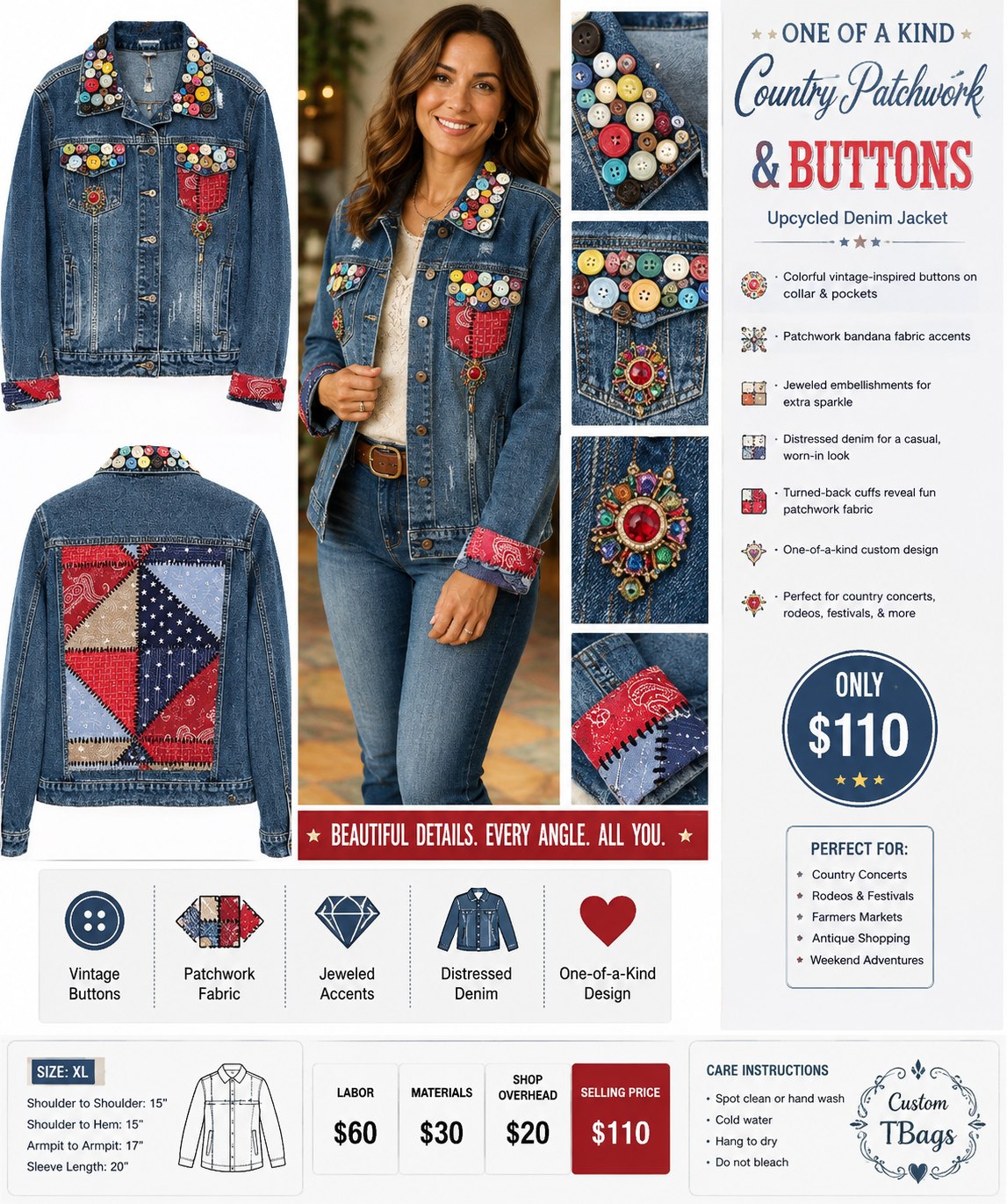 Country Patchwork & Button One-of-a-Kind Denim Jacket – XL - details and styling