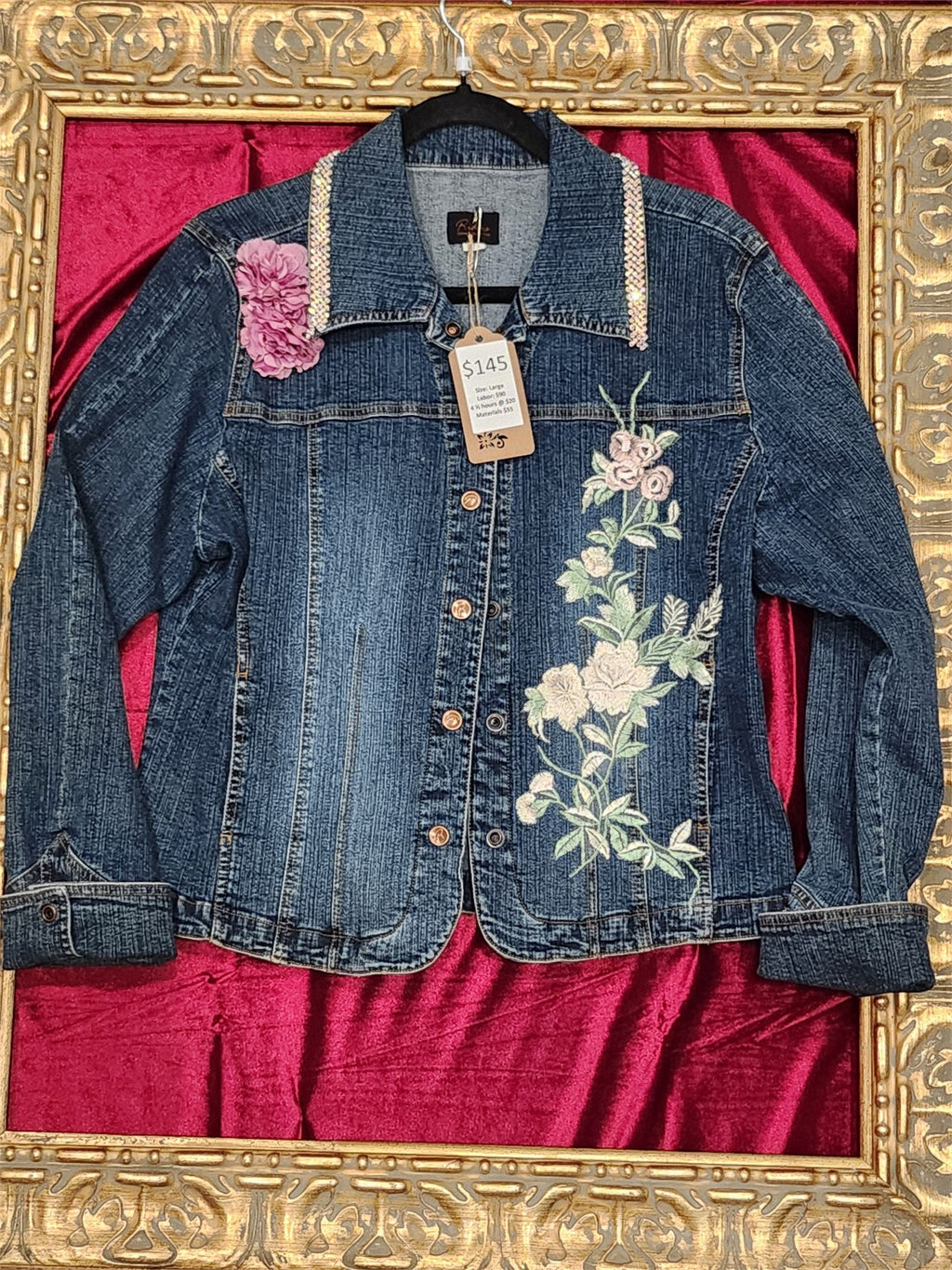 Romantic Pink Floral Embroidered Denim Statement Jacket – Large