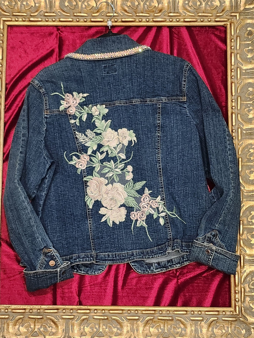 Romantic Pink Floral Embroidered Denim Statement Jacket – Large - additional view