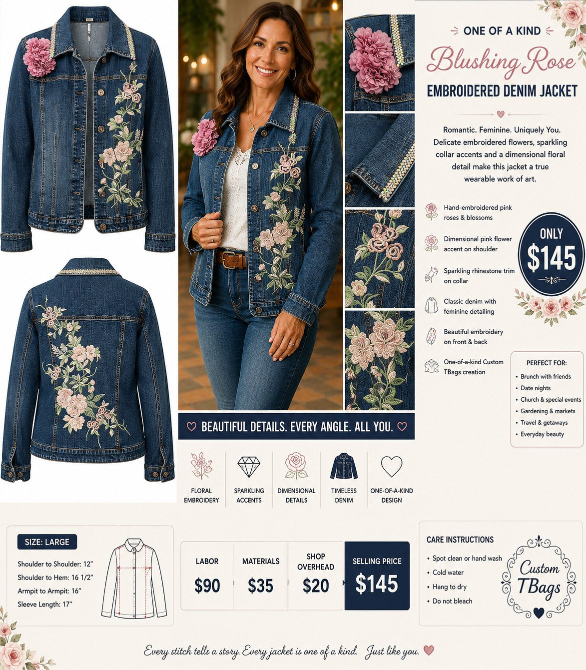 Romantic Pink Floral Embroidered Denim Statement Jacket – Large - details and styling