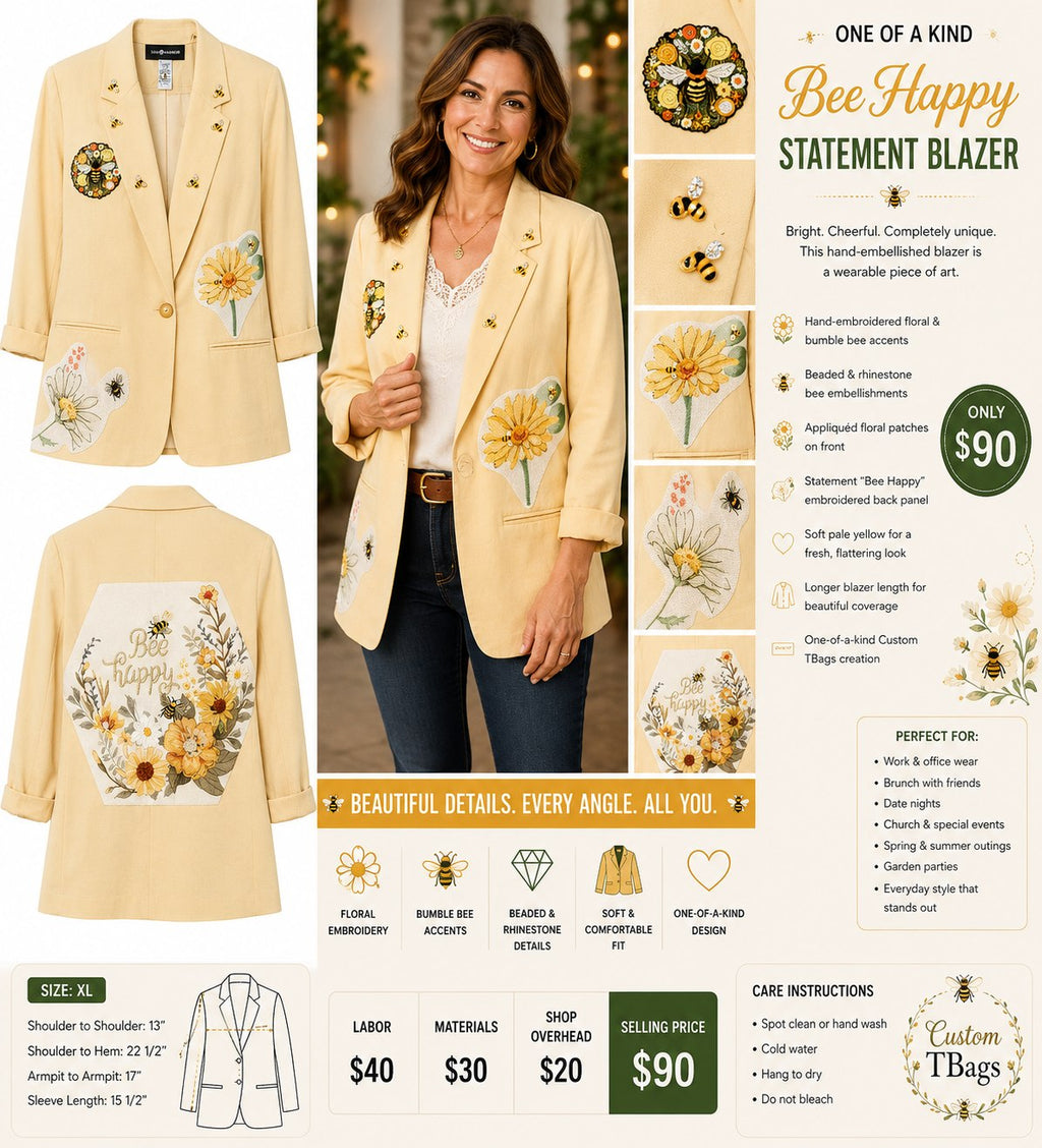 Bee Happy Pale Yellow Garden Statement Blazer – XL - details and styling