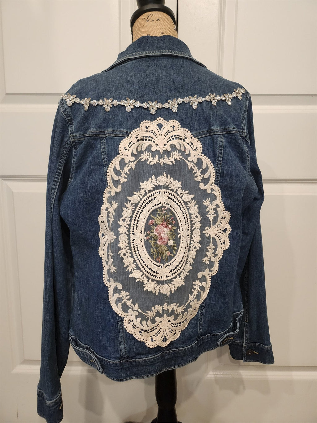 Hand-Painted Purple Floral & Vintage Lace Denim Jacket – Large