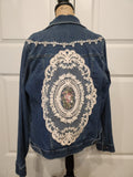 Hand-Painted Purple Floral & Vintage Lace Denim Jacket – Large