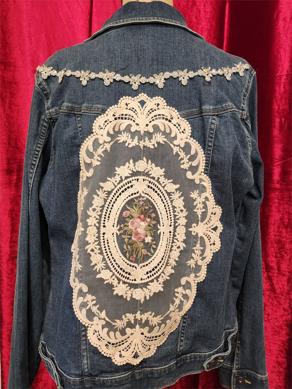 Hand-Painted Purple Floral & Vintage Lace Denim Jacket – Large - additional view