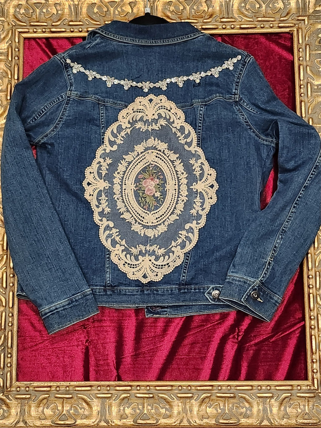Hand-Painted Purple Floral & Vintage Lace Denim Jacket – Large - additional view