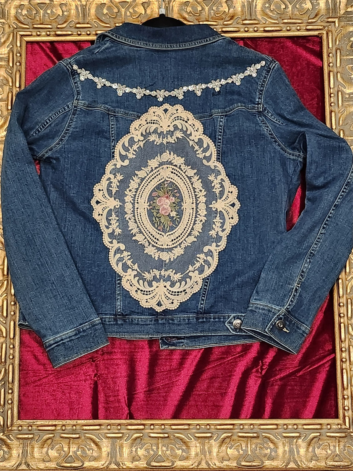 Hand-Painted Purple Floral & Vintage Lace Denim Jacket – Large - additional view