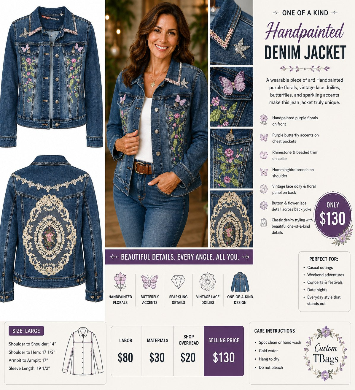 Hand-Painted Purple Floral & Vintage Lace Denim Jacket – Large - details and styling