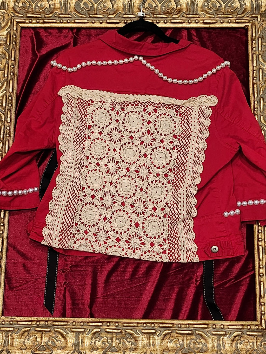 Pearl & Vintage Crochet Red Statement Jean Jacket – XL - additional view