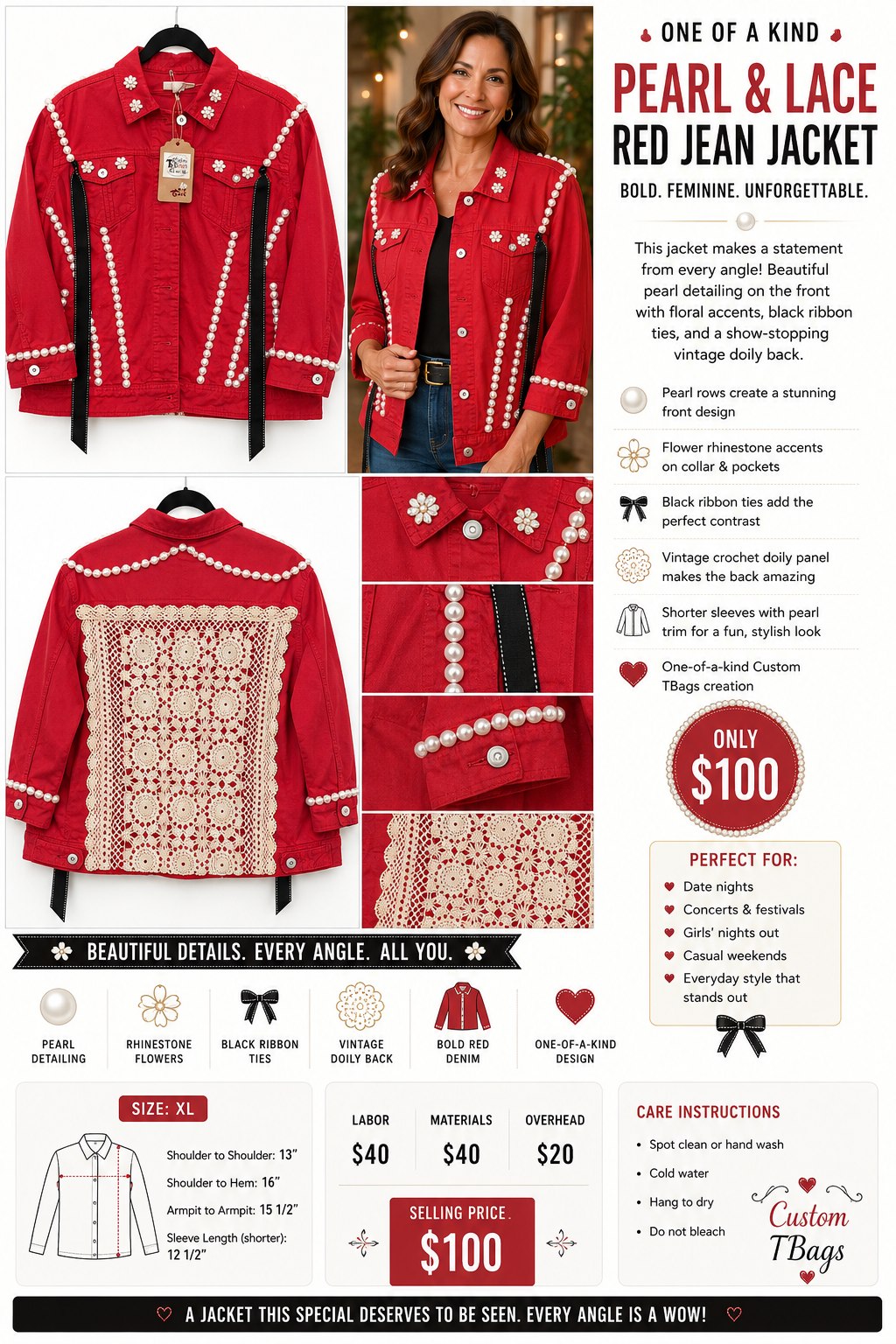 Pearl & Vintage Crochet Red Statement Jean Jacket – XL - details and styling