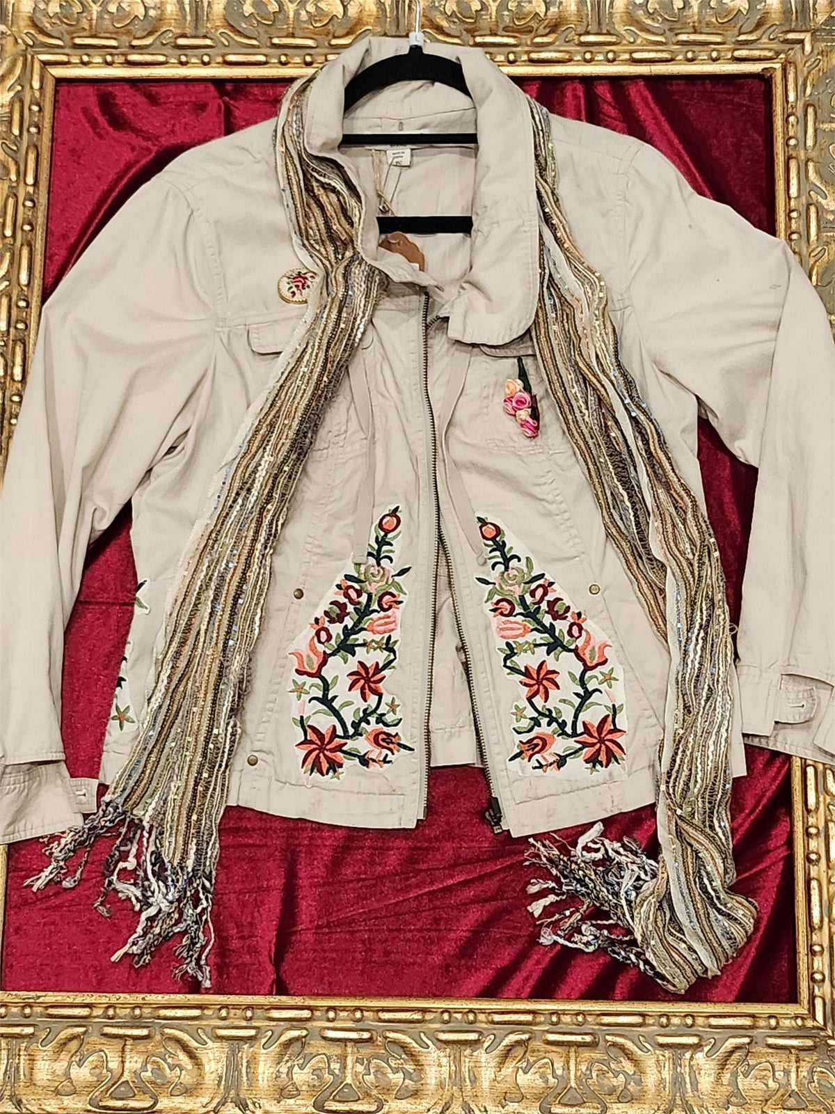 Bohemian Embroidered Khaki Jacket with Attached Scarf – Large