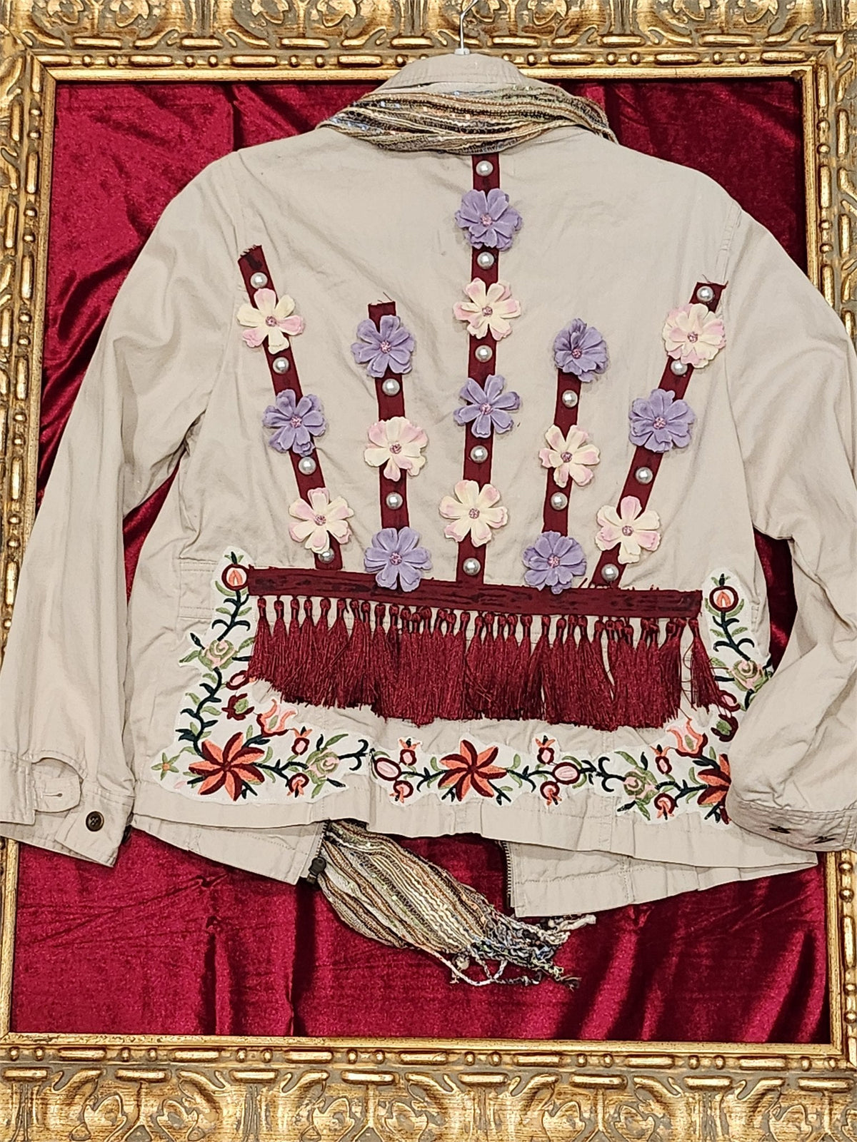 Bohemian Embroidered Khaki Jacket with Attached Scarf – Large - additional view