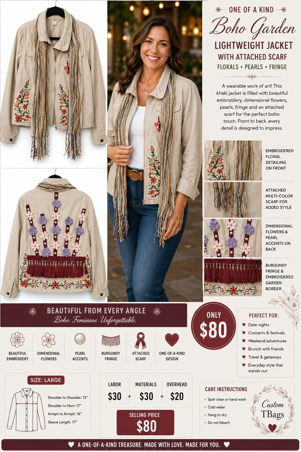 Bohemian Embroidered Khaki Jacket with Attached Scarf – Large - details and styling