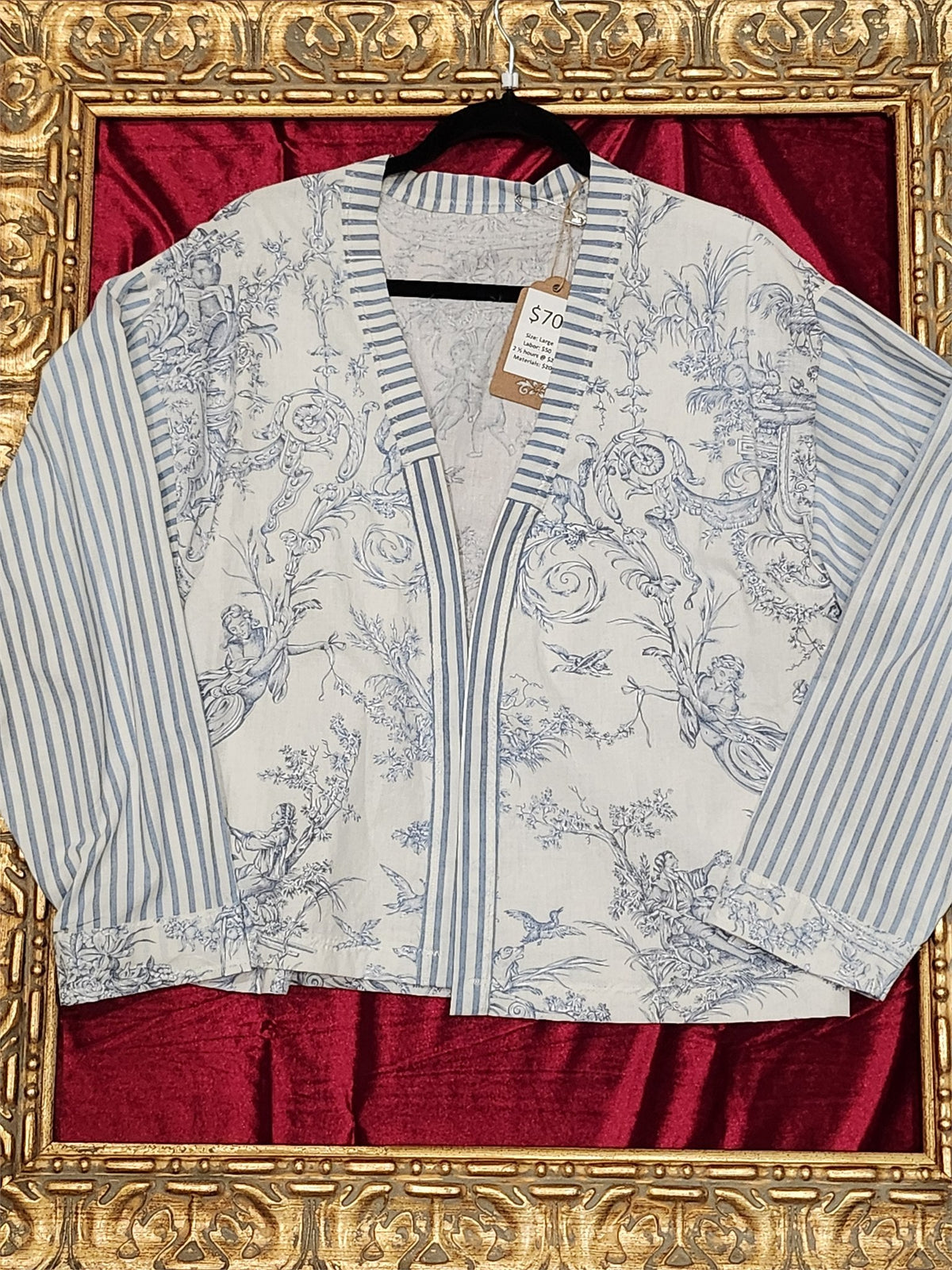 Handmade Light Blue Toile & Stripe Lightweight Jacket – Women’s Large