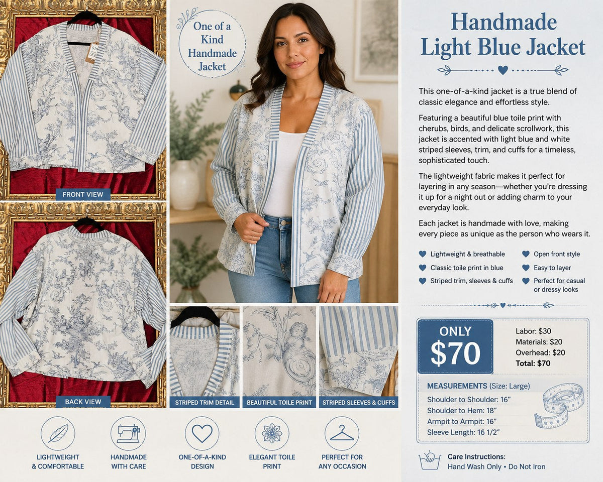 Handmade Light Blue Toile & Stripe Lightweight Jacket – Women’s Large - details and styling