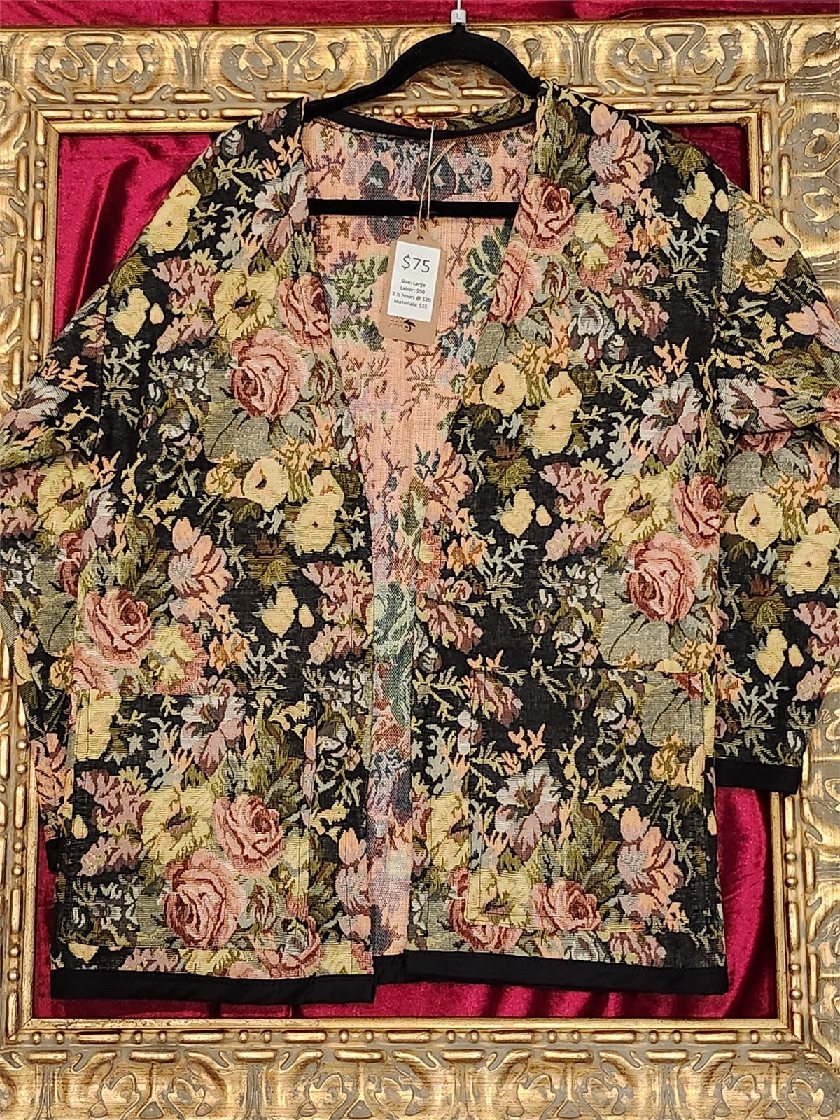 Handmade Flower Brocade Statement Jacket with Black Trim – Women’s Large