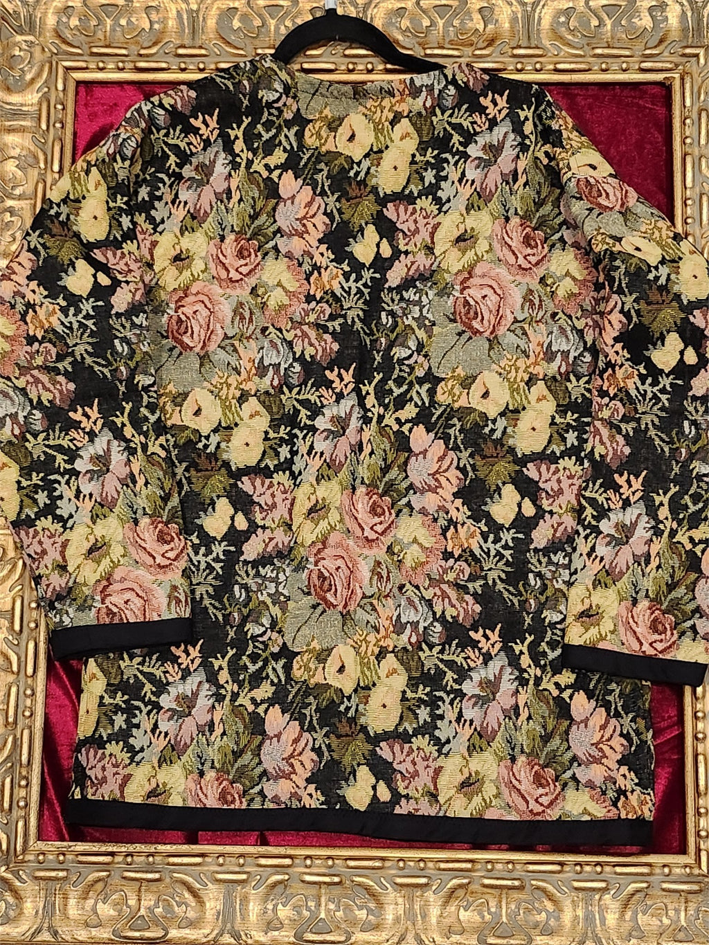 Handmade Flower Brocade Statement Jacket with Black Trim – Women’s Large - additional view