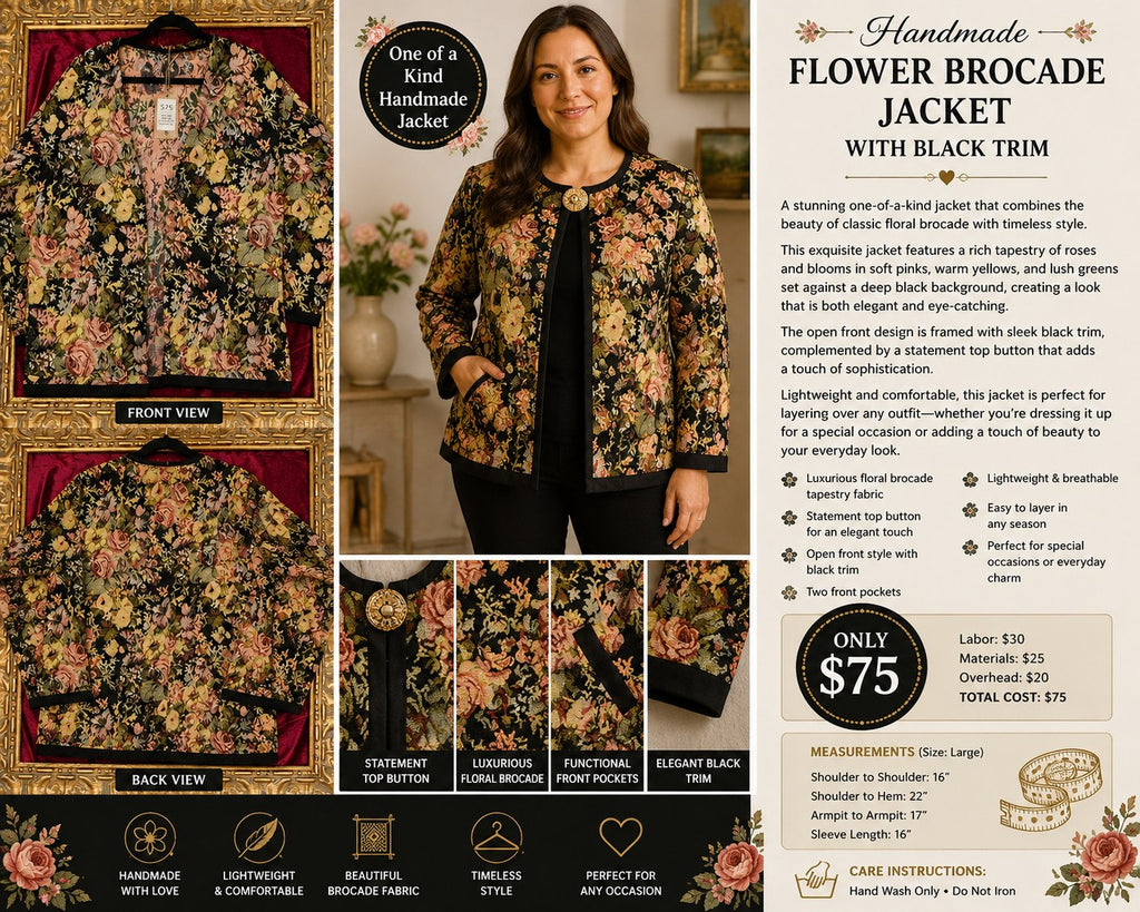 Handmade Flower Brocade Statement Jacket with Black Trim – Women’s Large - details and styling