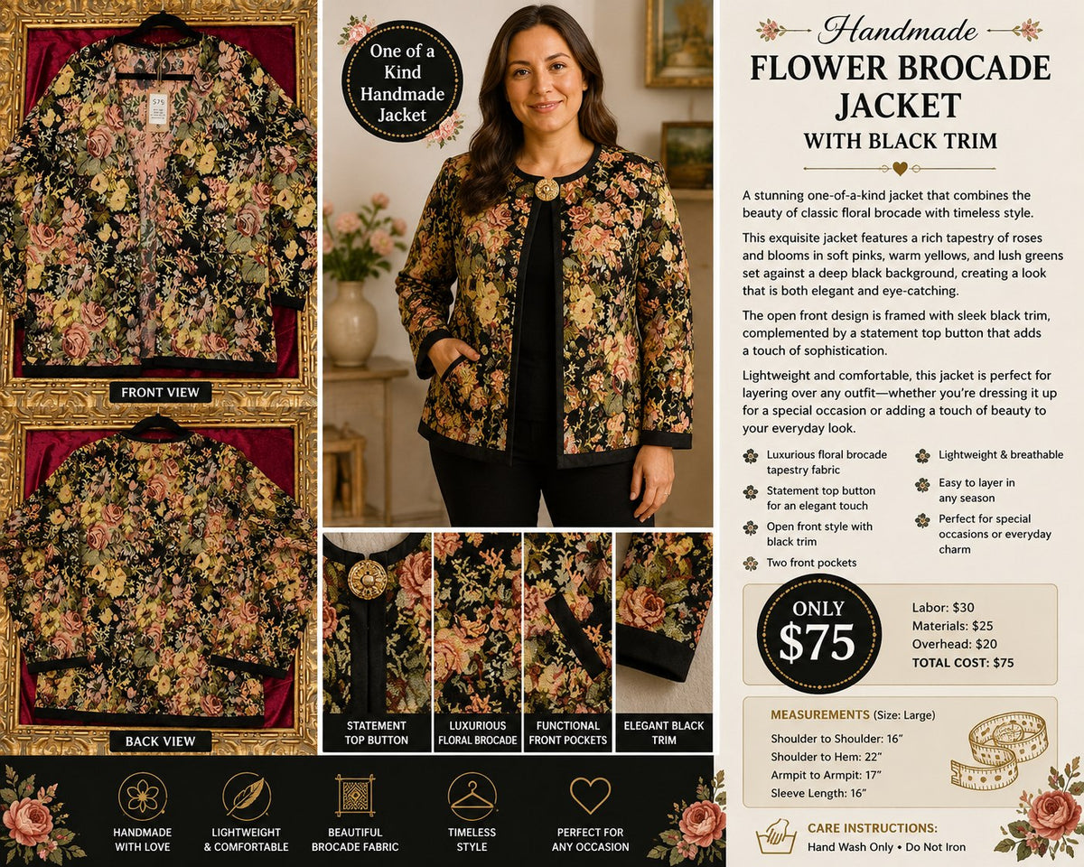 Handmade Flower Brocade Statement Jacket with Black Trim – Women’s Large - details and styling