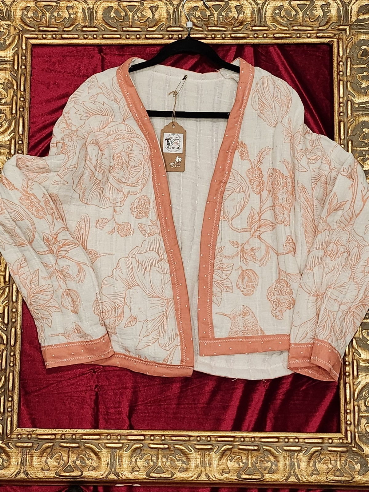 Peach Garden Bird Handmade Jacket – Soft Botanical Statement Layer – Size L