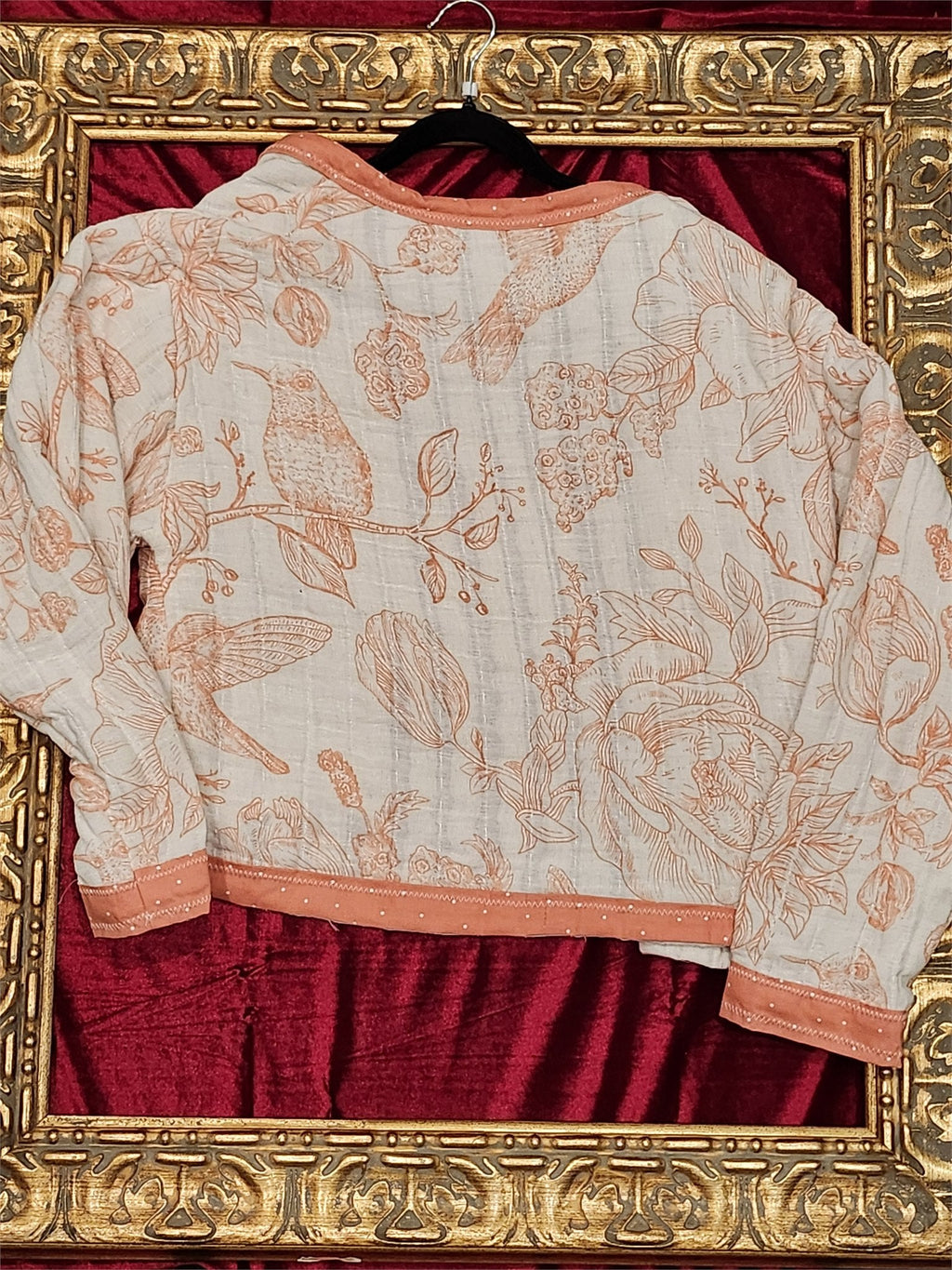 Peach Garden Bird Handmade Jacket – Soft Botanical Statement Layer – Size L - additional view