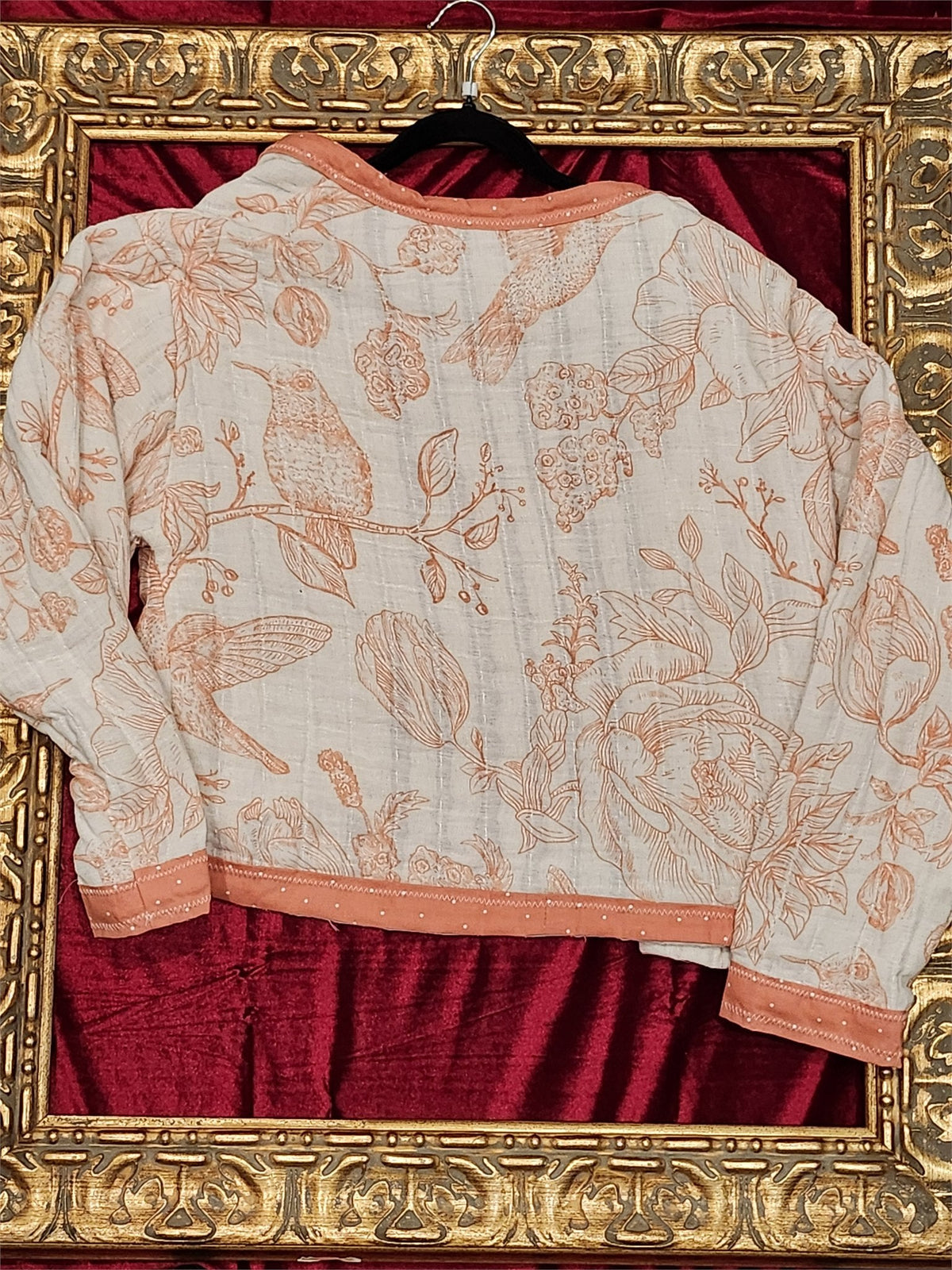 Peach Garden Bird Handmade Jacket – Soft Botanical Statement Layer – Size L - additional view