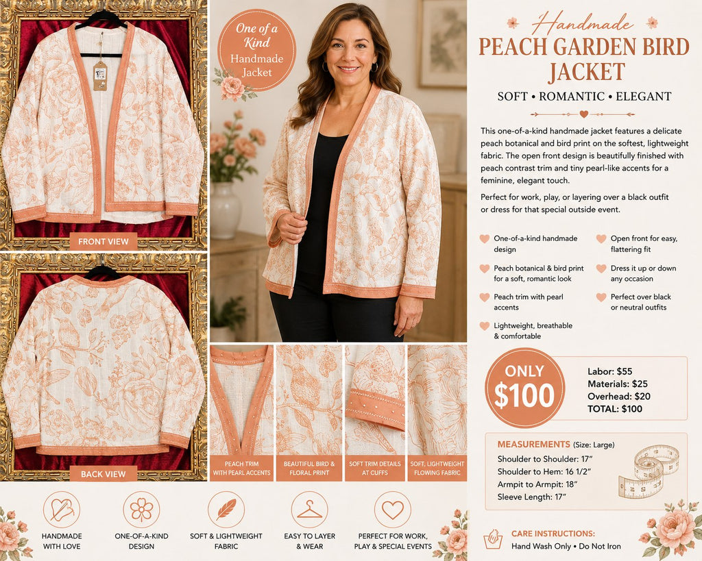 Peach Garden Bird Handmade Jacket – Soft Botanical Statement Layer – Size L - details and styling