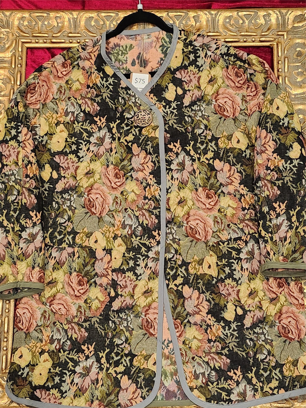 Handmade Floral Brocade Mid-Thigh Jacket with Grey Trim – Size L