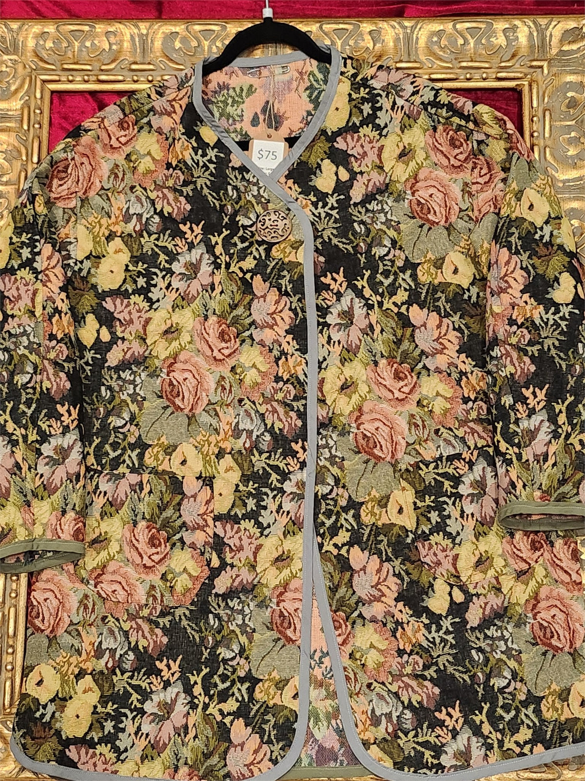 Handmade Floral Brocade Mid-Thigh Jacket with Grey Trim – Size L