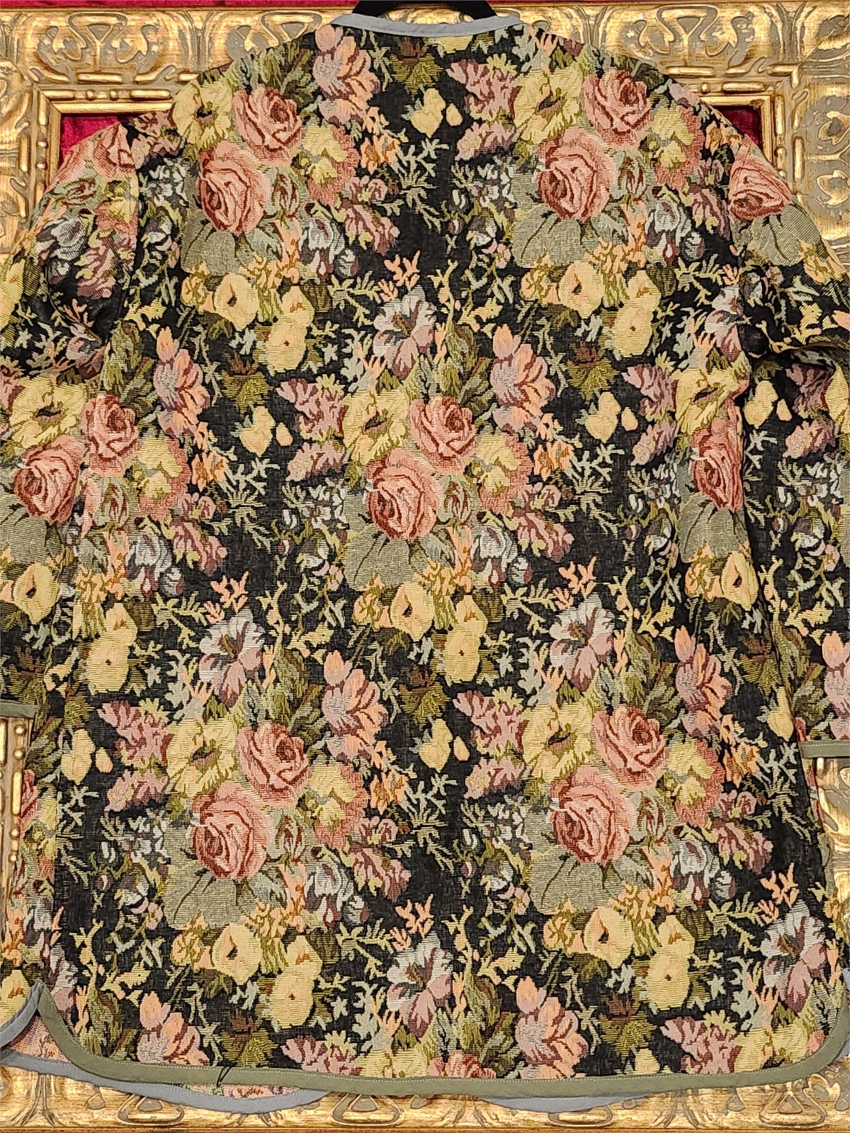 Handmade Floral Brocade Mid-Thigh Jacket with Grey Trim – Size L - additional view
