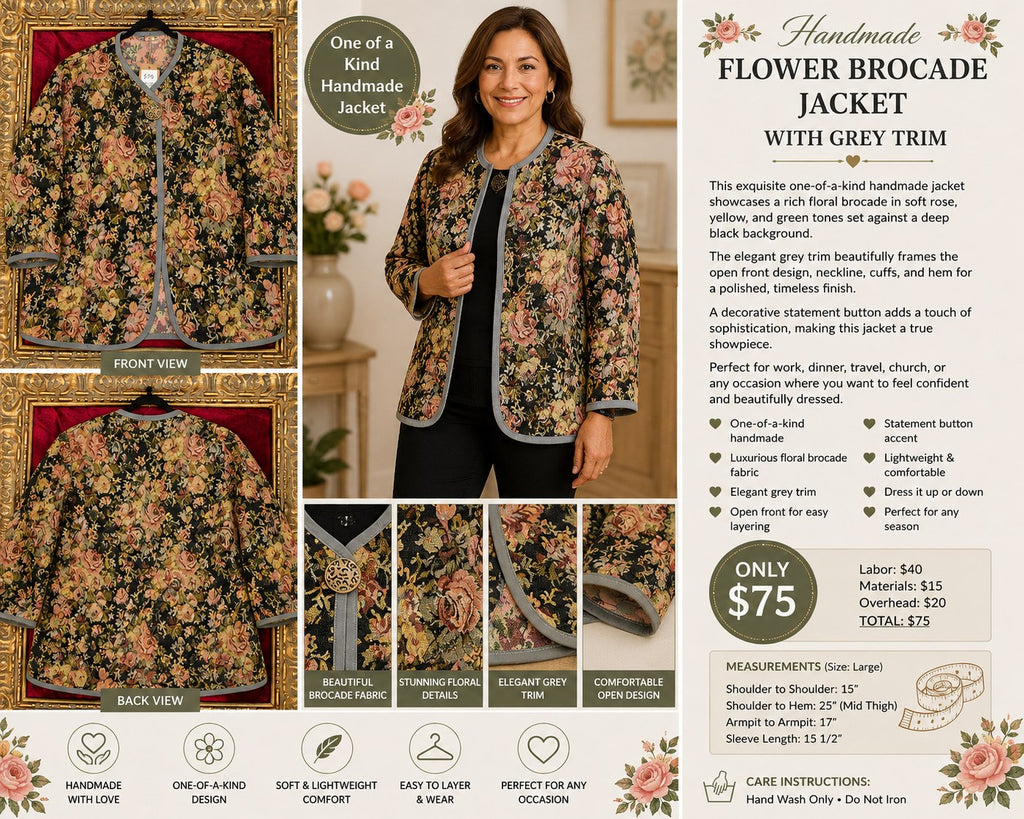 Handmade Floral Brocade Mid-Thigh Jacket with Grey Trim – Size L - details and styling