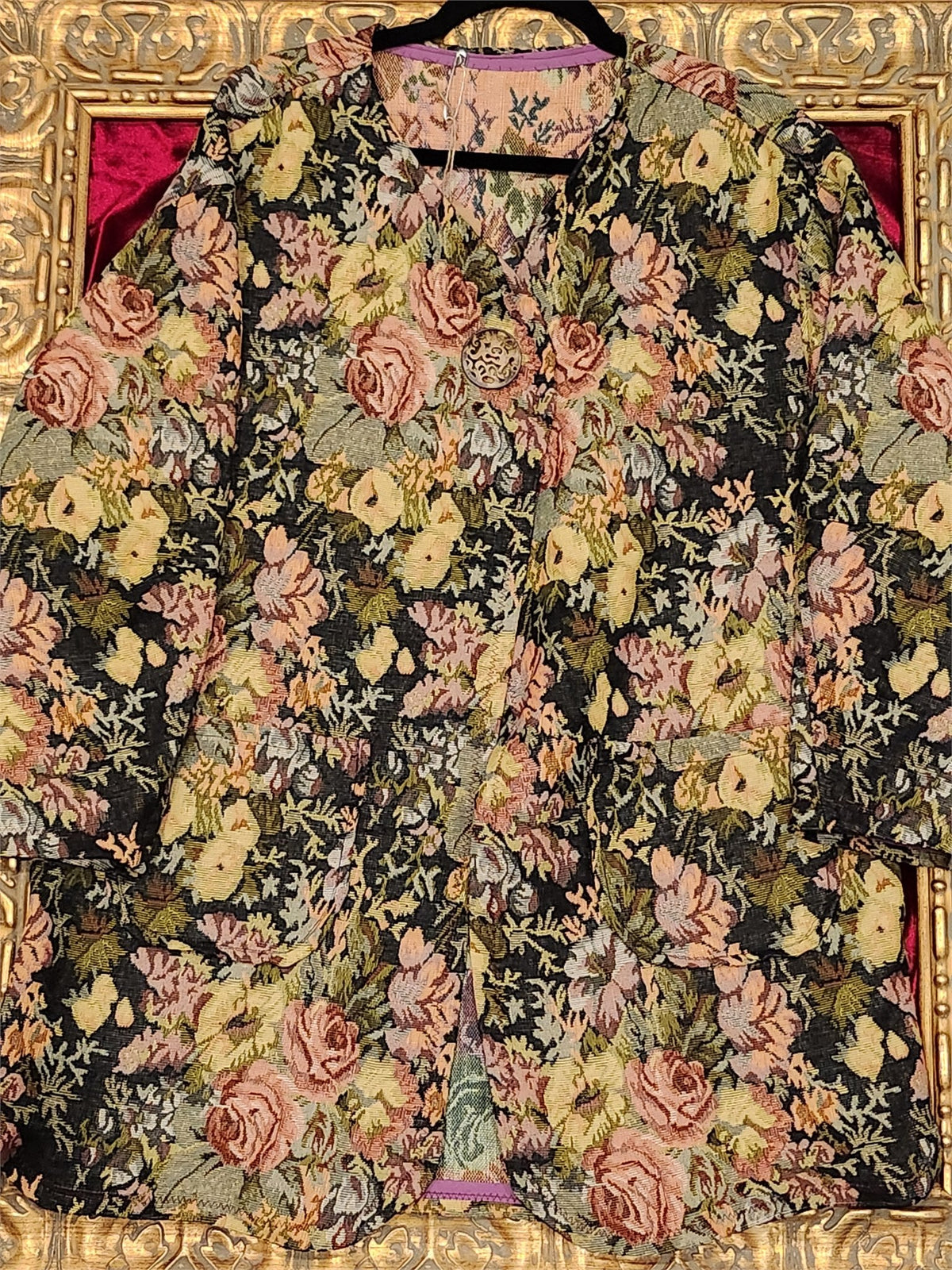 Handmade Vintage Floral Brocade Long Jacket – No Trim – Size L