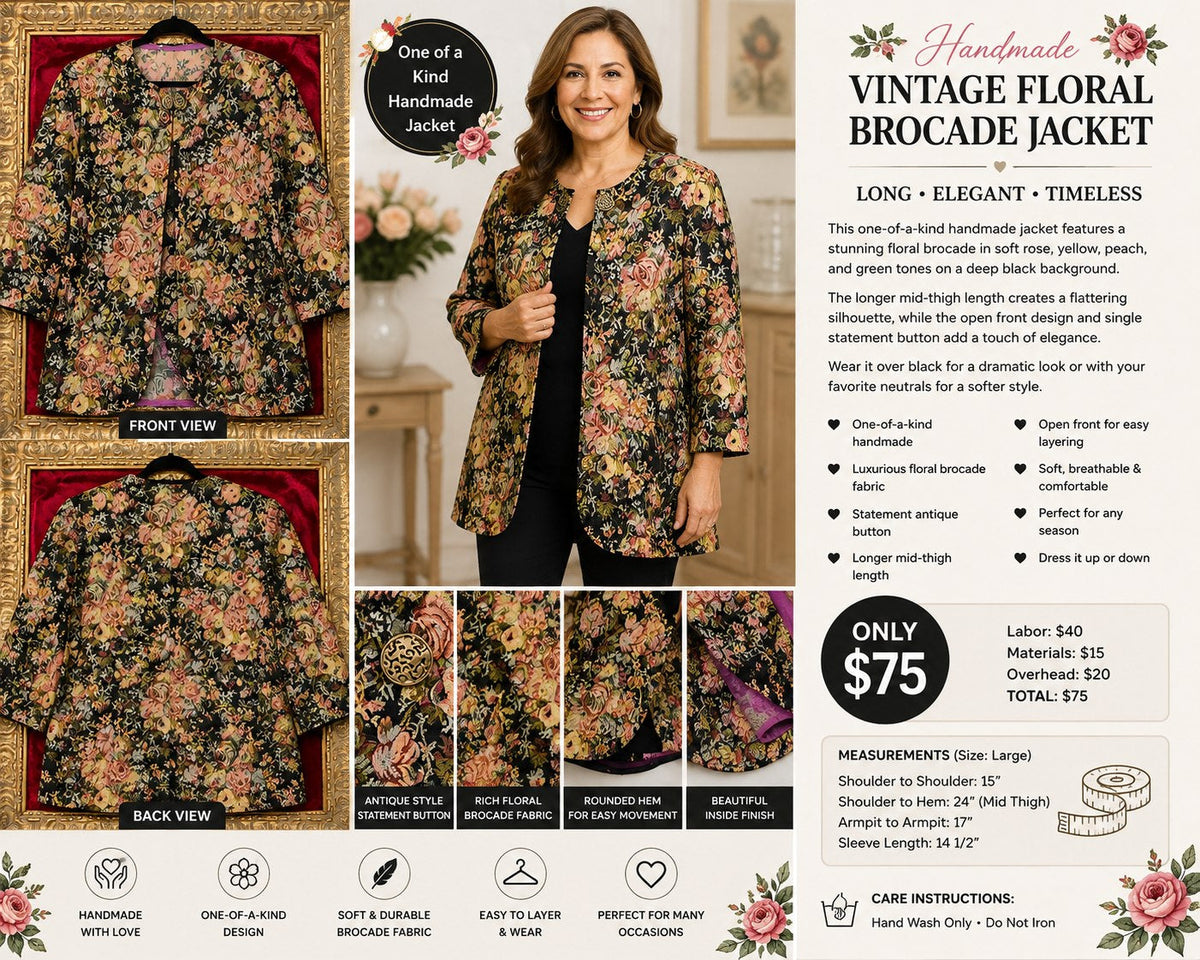 Handmade Vintage Floral Brocade Long Jacket – No Trim – Size L - details and styling