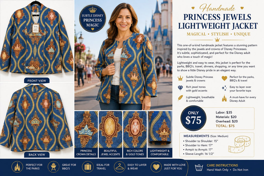 Handmade Blue Princess Jewels & Crowns Lightweight Jacket – Size M - details and styling