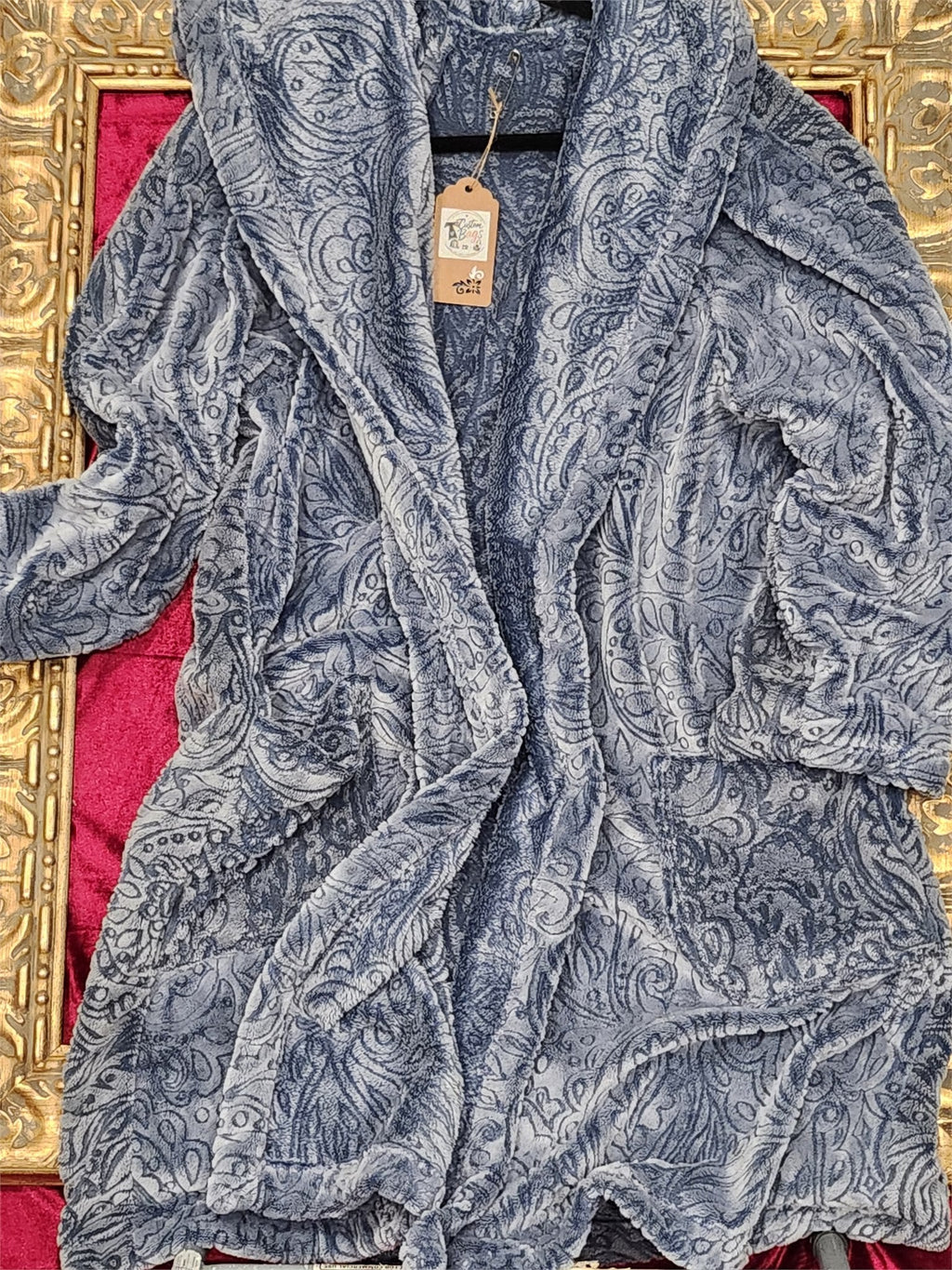 Luxurious Blue Paisley Plush Hooded Overcoat with Pockets – XL