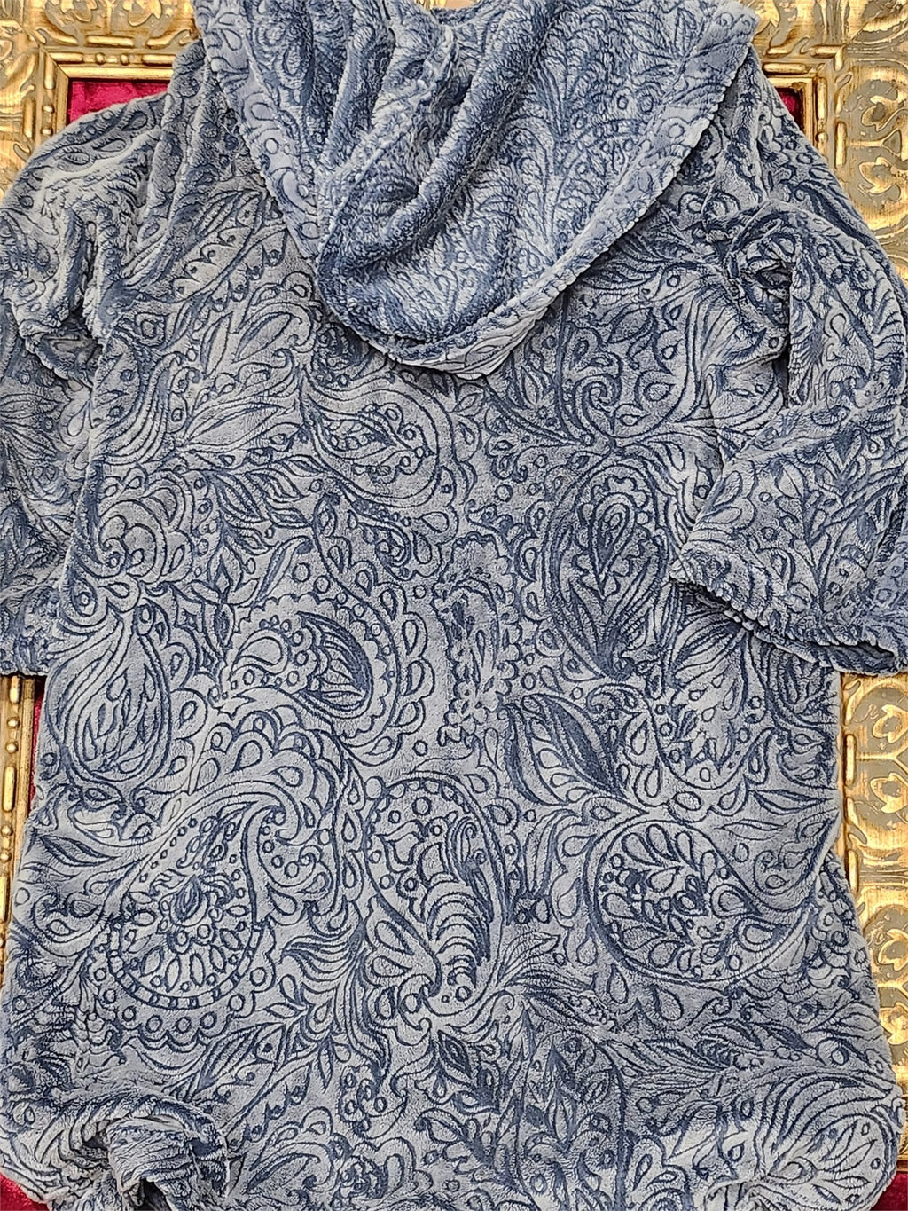 Luxurious Blue Paisley Plush Hooded Overcoat with Pockets – XL - additional view