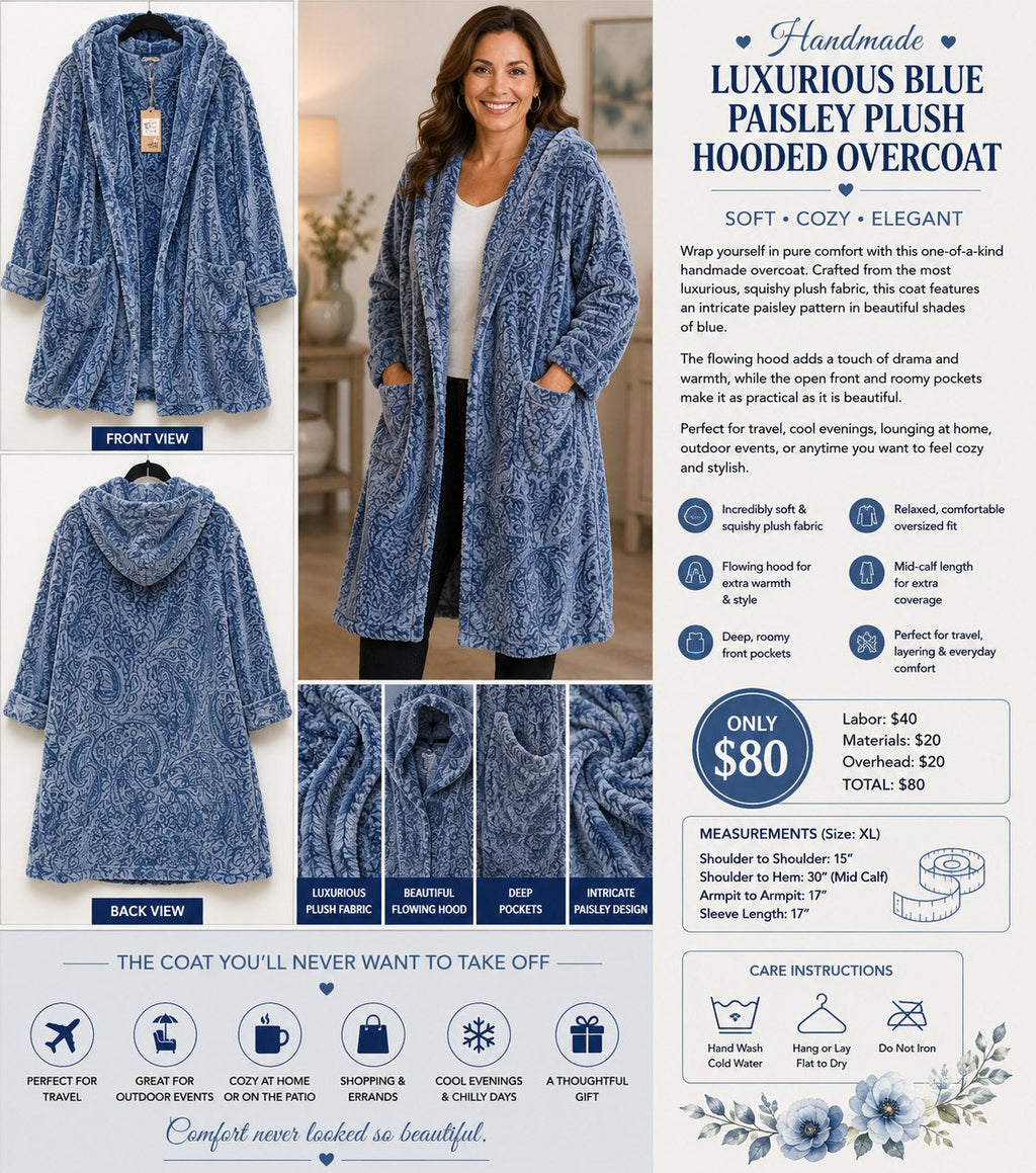 Luxurious Blue Paisley Plush Hooded Overcoat with Pockets – XL - details and styling