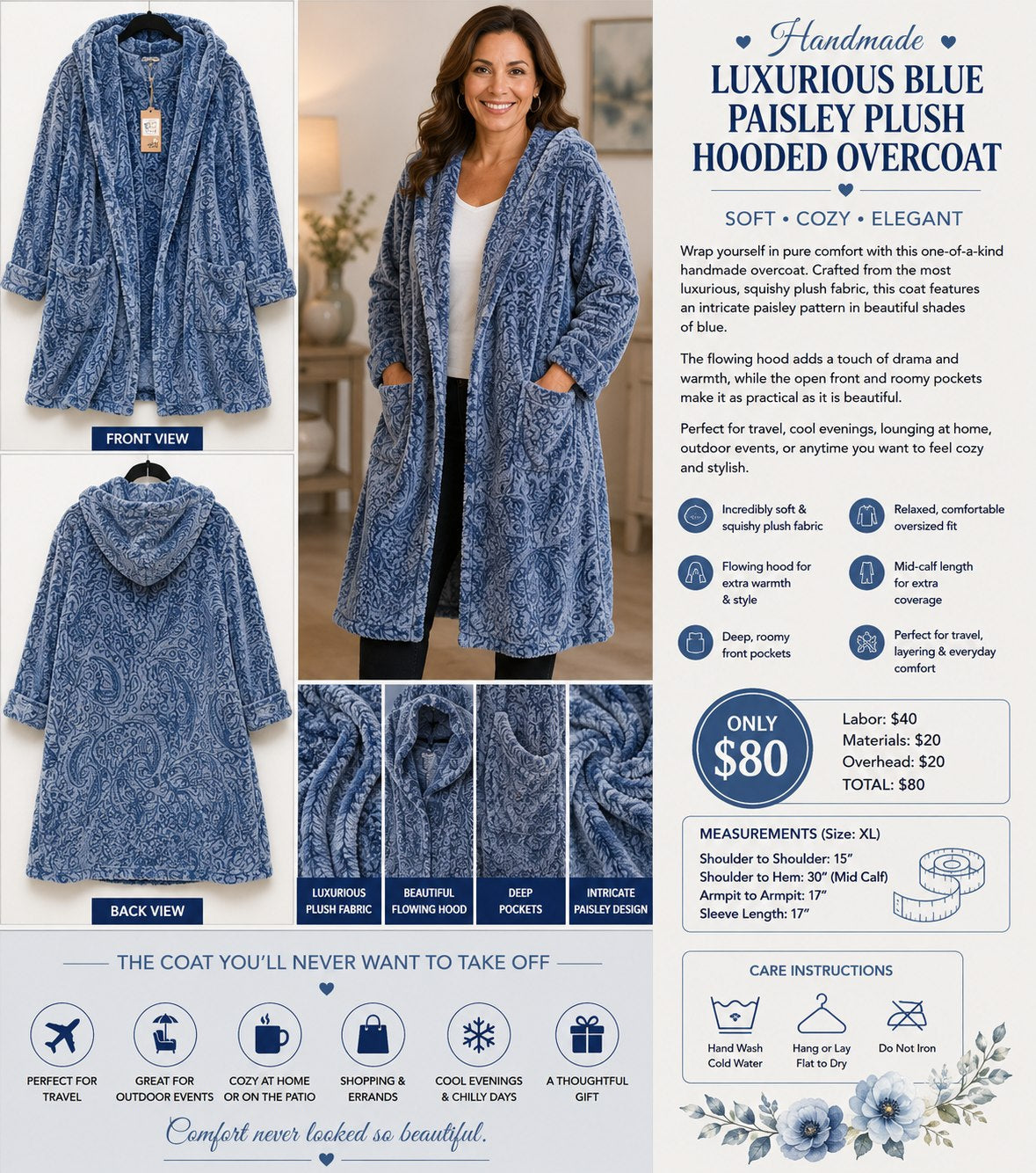 Luxurious Blue Paisley Plush Hooded Overcoat with Pockets – XL - details and styling