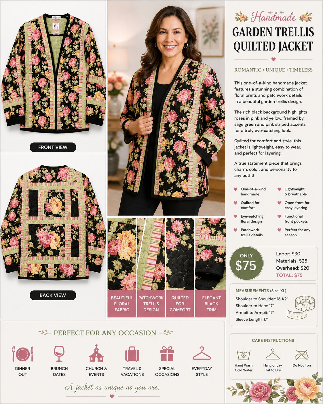 Garden Trellis Floral Quilted Jacket – Handmade Patchwork Statement Jacket – XL - details and styling