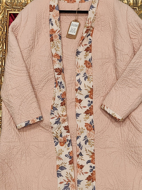 Blush Garden Quilted Long Statement Jacket – Handmade Trench-Inspired Coat – XL