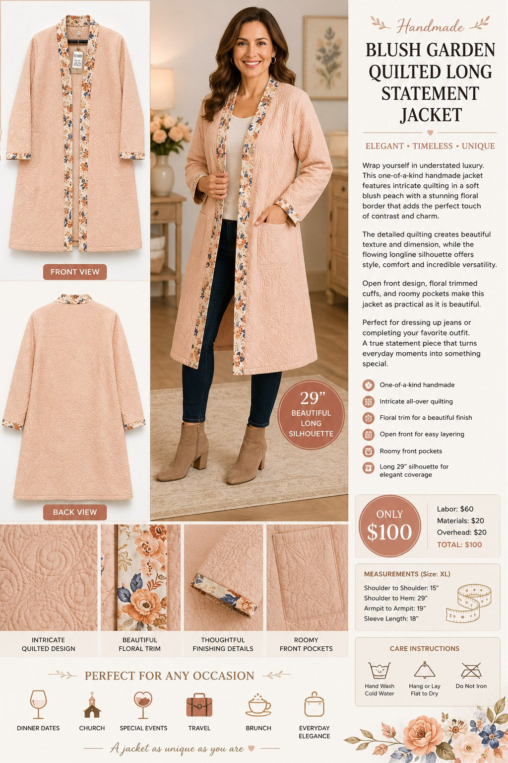 Blush Garden Quilted Long Statement Jacket – Handmade Trench-Inspired Coat – XL - details and styling