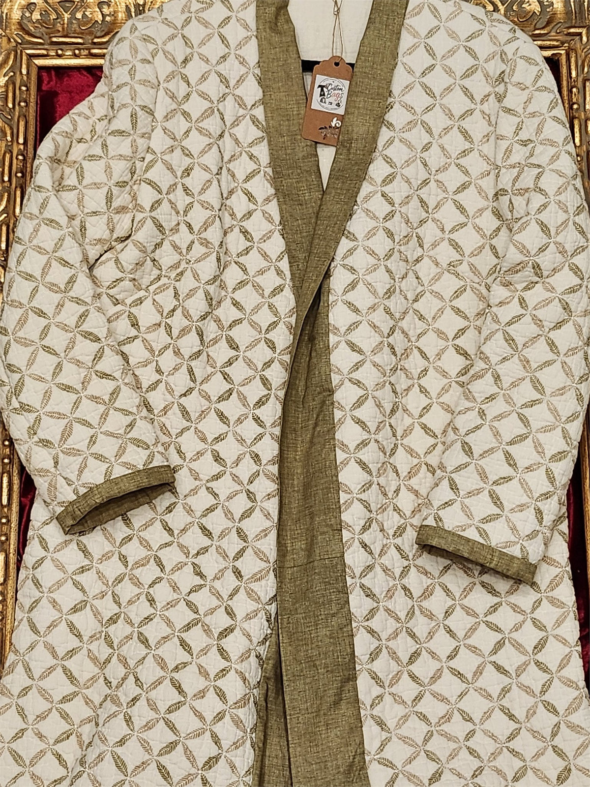 Beige & Sage Quilted Ankle-Length Duster Jacket – Handmade XL