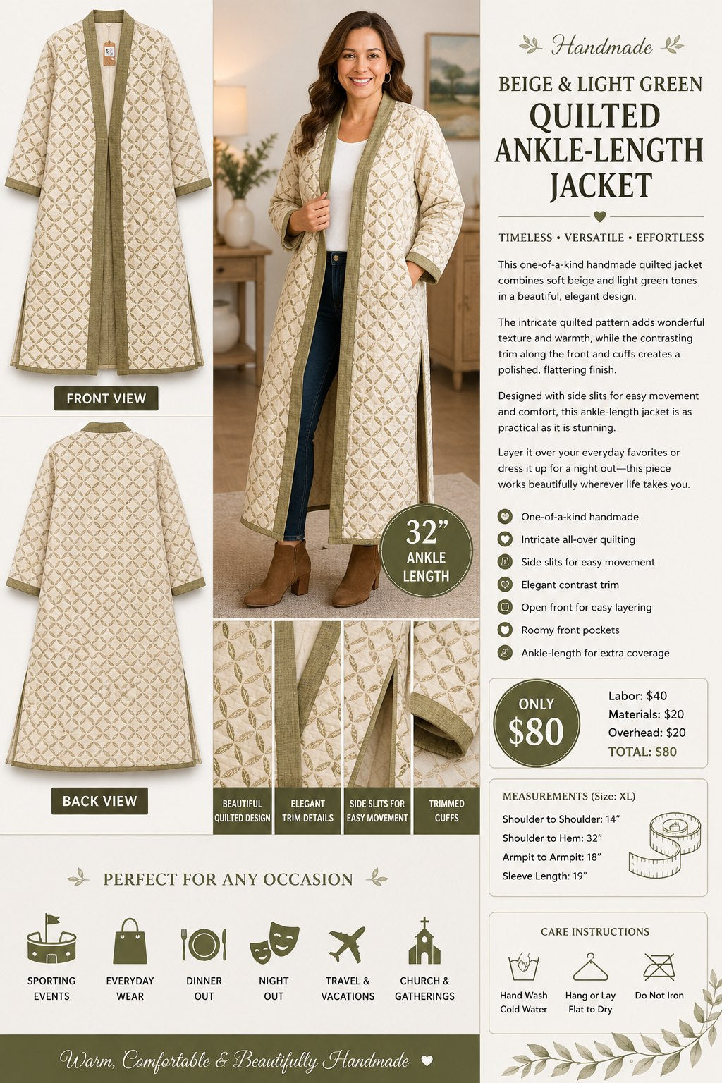 Beige & Sage Quilted Ankle-Length Duster Jacket – Handmade XL - details and styling