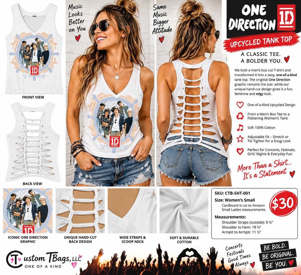 One Direction Upcycled Cutout Tank Top – Women’s Small – One of a Kind - details and styling