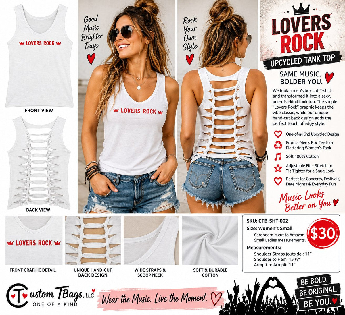 Lovers Rock Upcycled Cutout Tank Top – Women’s Small – One of a Kind - details and styling