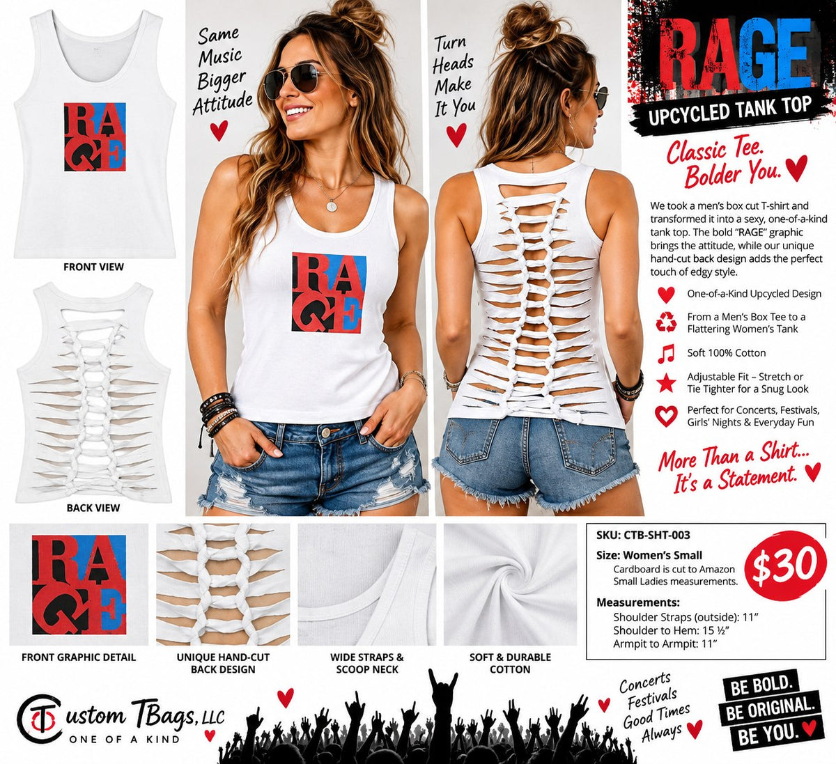 RAGE Upcycled Cutout Tank Top – Women’s Small – One of a Kind - details and styling