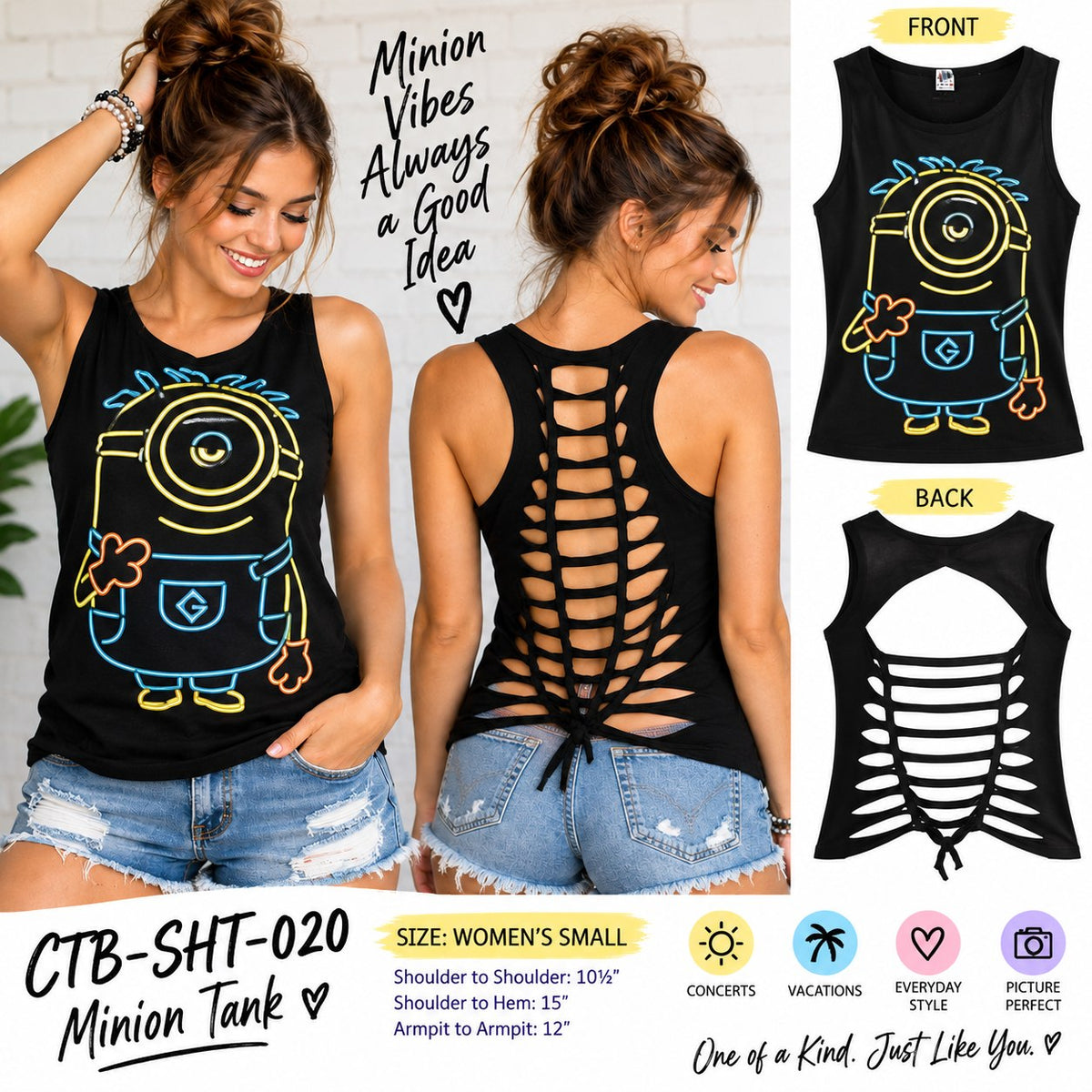 Minion Tank Upcycled One-of-a-Kind Top – Women’s Small - details and styling