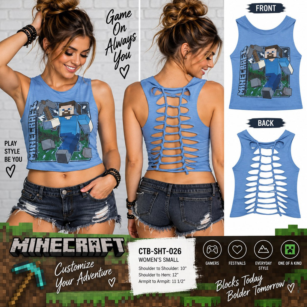 Minecraft Bare Mid-drift Tank Upcycled One-of-a-Kind Top – Women’s Small - details and styling