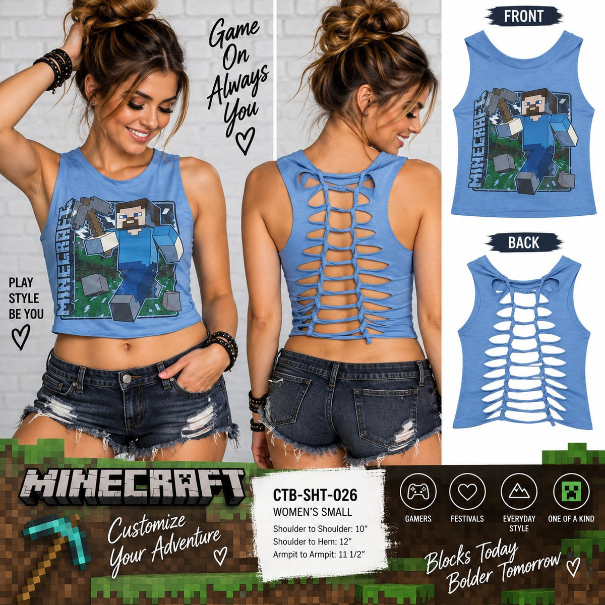 Minecraft Bare Mid-drift Tank Upcycled One-of-a-Kind Top – Women’s Small - details and styling