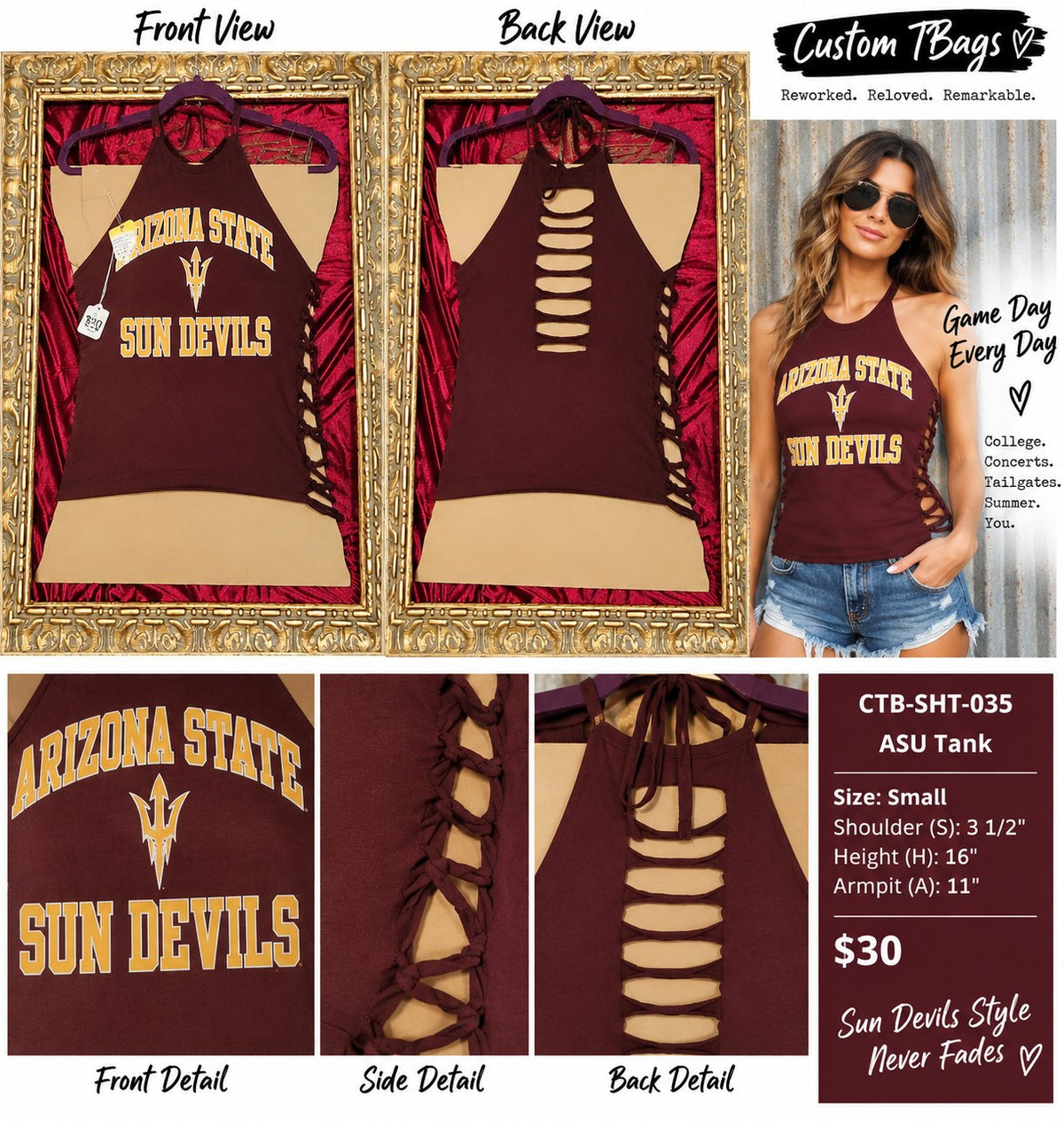 ASU Sun Devils Hand-Cut Side-Weave Halter Tank – Women’s Small – One of a Kind - details and styling